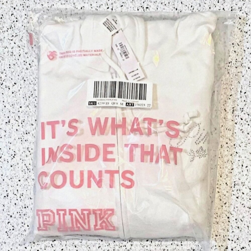 Victoria's Secret PINK Ivy Fleece Campus Full-Zip Hoodie White BLING Small NWT